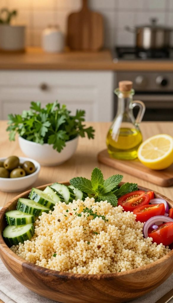 A beautifully arranged table featuring the essential ingredients for a classic couscous salad. In the foreground, a wooden bowl filled with fluffy, cooked couscous surrounded by vibrant, fresh vegetables like chopped cucumbers, cherry tomatoes, bell peppers, and red onions. In the middle, there are small dishes containing herbs such as parsley and mint, along with olives, lemon wedges, and a drizzle of olive oil. The background features a rustic kitchen setting with warm, ambient lighting, enhancing the inviting atmosphere. The overall mood should be natural and cozy, embodying the essence of DIY decor inspired by Pinterest. Include the brand name "KlickKiste" subtly integrated into the scene without visible text or overlays. Capture this image with a soft focus lens to emphasize warmth and freshness.
