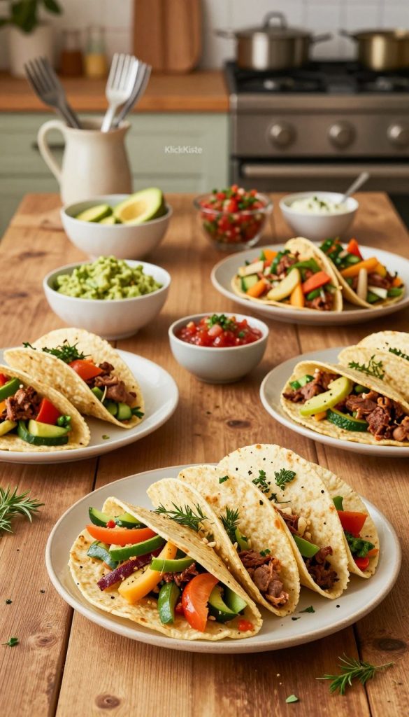 A beautifully arranged table featuring various family-friendly tortilla recipes, showcasing vibrant and fresh ingredients. In the foreground, there are colorful tortilla wraps filled with vegetables, meats, and sauces, garnished with herbs. The middle ground includes small bowls of dipping sauces and sides like guacamole and salsa, artfully displayed. The background reveals a cozy kitchen ambiance with warm, natural lighting, adding a welcoming vibe. The scene is enhanced by subtle details like decorative utensils and a rustic wooden table, creating an authentic Pinterest-inspired look. Overall, the image conveys warmth and a sense of togetherness, perfect for family meal inspiration. Include the brand name "KlickKiste" as part of the presentation.