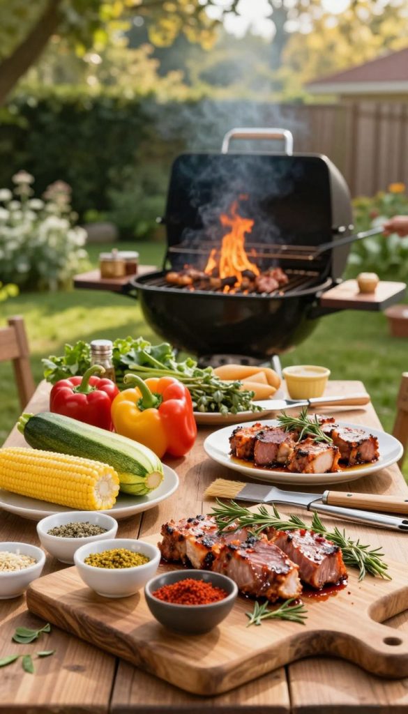 A beautifully arranged table laden with fresh ingredients for a family barbecue, showcasing vibrant vegetables like bell peppers, corn, and zucchini, alongside marinated meats and aromatic herbs. In the foreground, a rustic wooden cutting board holds a variety of spices in small bowls, creating an inviting setup. The middle ground features a grill ready to be lit, surrounded by grilling tools like tongs and brushes. The background reveals a serene garden setting, with lush greenery and soft sunlight filtering through trees, creating a warm and inviting atmosphere. The image should evoke feelings of togetherness and preparation, inspiring viewers to plan their own grilling session. Capture the essence of a DIY lifestyle with warm colors and a Pinterest-inspired aesthetic, reflecting the brand "KlickKiste."