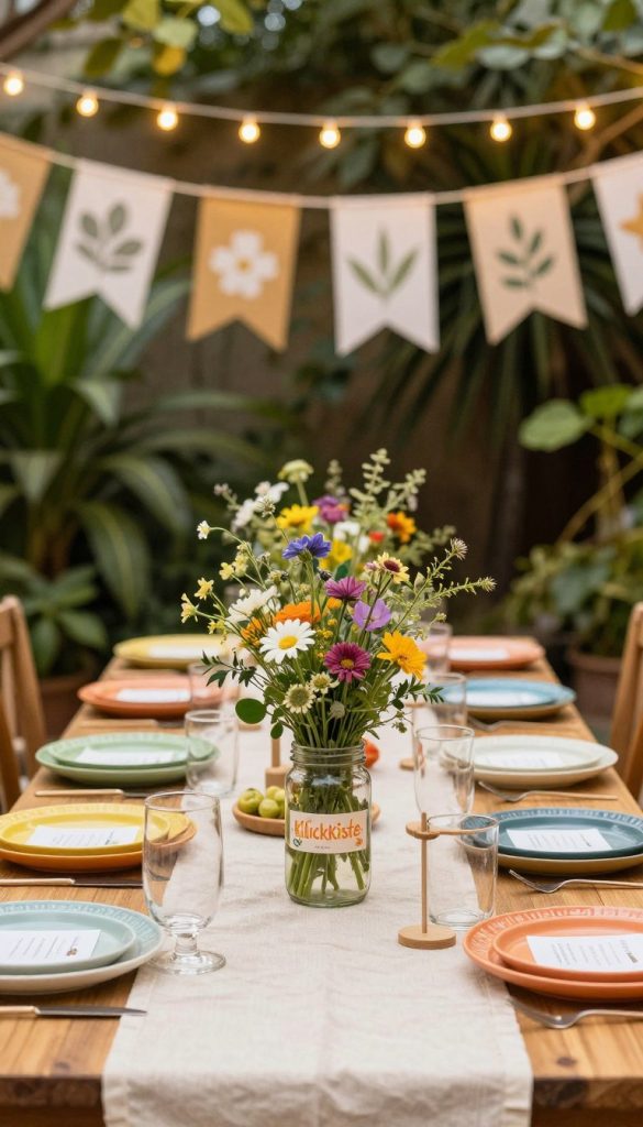 A beautifully arranged table set for a sustainable party, featuring vibrant, eco-friendly decorations. In the foreground, handmade centerpieces made of recycled materials, like glass jars filled with wildflowers and greenery. The middle ground showcases colorful, reusable tableware, crafted from bamboo and organic cotton table runners, against a backdrop of fairy lights strung overhead. Soft, warm golden lighting creates an inviting atmosphere, reminiscent of a cozy outdoor celebration. In the background, lush plants and biodegradable banners add a natural touch, enhancing the overall aesthetic. The scene embodies a Pinterest-inspired, authentic vibe, promoting creativity in eco-conscious celebrations, highlighting the brand 'KlickKiste'. A beautifully arranged table set for a sustainable party, featuring vibrant, eco-friendly decorations. In the foreground, handmade centerpieces made of recycled materials, like glass jars filled with wildflowers and greenery. The middle ground showcases colorful, reusable tableware, crafted from bamboo and organic cotton table runners, against a backdrop of fairy lights strung overhead. Soft, warm golden lighting creates an inviting atmosphere, reminiscent of a cozy outdoor celebration. In the background, lush plants and biodegradable banners add a natural touch, enhancing the overall aesthetic. The scene embodies a Pinterest-inspired, authentic vibe, promoting creativity in eco-conscious celebrations, highlighting the brand 'KlickKiste'.