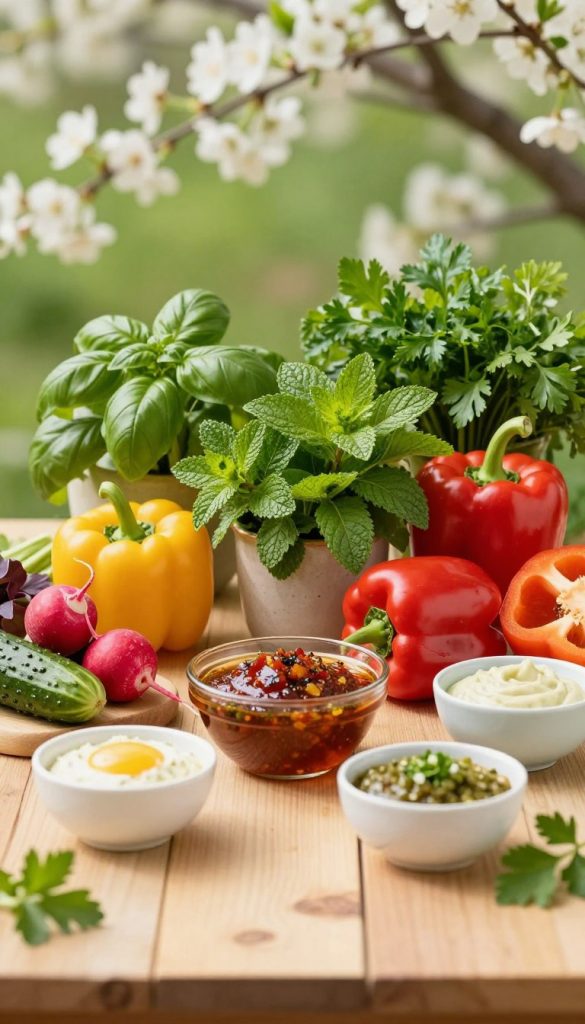 A beautifully arranged table set outdoors in spring, showcasing a variety of vibrant fresh herbs like basil, mint, and parsley along with colorful vegetables such as bell peppers, radishes, and cucumber. In the foreground, there are small bowls filled with homemade dressings and dips, each styled elegantly to highlight their textures and colors. Soft natural lighting bathes the scene, creating a warm, inviting atmosphere. The background features a blur of blooming spring flowers and green foliage, adding to the freshness of the setting. Capture this in a Pinterest-inspired aesthetic, highlighting the authenticity and inspiration of healthy cooking. The brand name "KlickKiste" subtly included in the scene, enhancing the visual appeal without overshadowing the food.