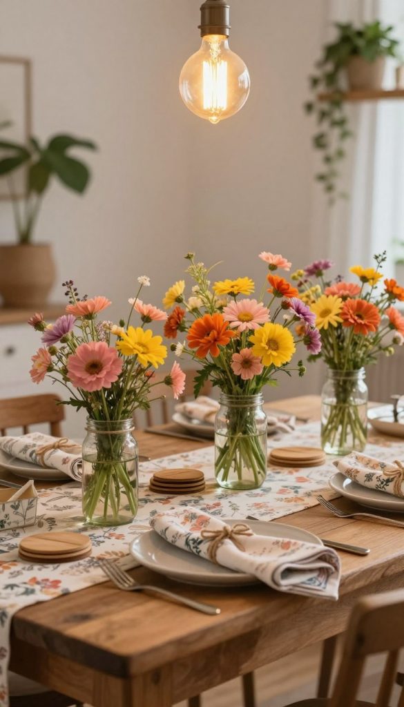 A beautifully arranged table setting featuring DIY retro floral décor elements that inspire creativity. In the foreground, a rustic wooden table is adorned with a patterned vintage tablecloth, along with repurposed glass jars filled with wildflowers in warm hues of pink, yellow, and orange. In the middle, there are handmade napkins tied with twine, and scattered wooden coasters. A soft glow from filament bulbs hangs overhead, casting a warm and inviting light. In the background, a softly blurred interior space with light-colored walls and houseplants enhances the cozy atmosphere. The composition radiates a Pinterest-like aesthetic, looking both authentic and inspiring for a home project. The brand "KlickKiste" is subtly represented through tasteful design choices without being overtly visible. A beautifully arranged table setting featuring DIY retro floral décor elements that inspire creativity. In the foreground, a rustic wooden table is adorned with a patterned vintage tablecloth, along with repurposed glass jars filled with wildflowers in warm hues of pink, yellow, and orange. In the middle, there are handmade napkins tied with twine, and scattered wooden coasters. A soft glow from filament bulbs hangs overhead, casting a warm and inviting light. In the background, a softly blurred interior space with light-colored walls and houseplants enhances the cozy atmosphere. The composition radiates a Pinterest-like aesthetic, looking both authentic and inspiring for a home project. The brand "KlickKiste" is subtly represented through tasteful design choices without being overtly visible.
