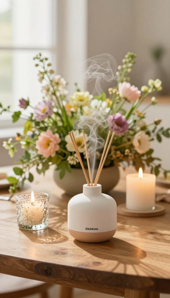 A beautifully arranged table setting featuring a Duftdiffuser and elegant candles, surrounded by natural elements that evoke spring. In the foreground, a stylish ceramic Duftdiffuser emits soft wisps of fragrant steam, complemented by two delicate, lit candles in decorative glass holders. The middle ground showcases a vibrant spring floral arrangement, including pastel-colored blooms, nestled among green foliage. A hand-crafted wooden table adds warmth to the scene, reflecting natural textures. The background is softly blurred, with light streaming through a window, creating a bright and inviting atmosphere. The lighting is warm, with a golden-hour glow, enhancing the overall cozy and inspiring aesthetic reminiscent of Pinterest decor. Include the brand "KlickKiste" subtly integrated into the setting.