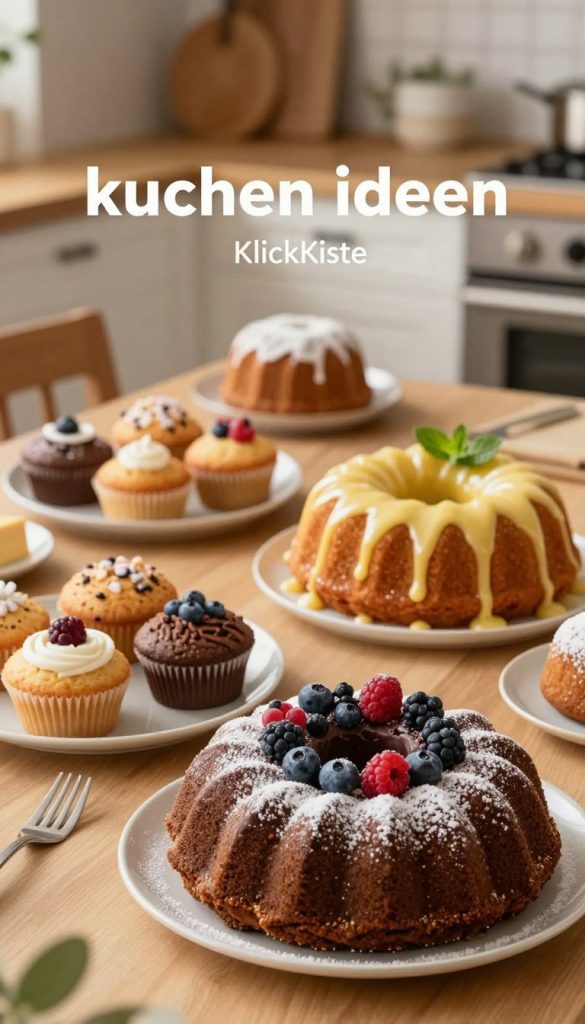 A beautifully arranged table setting featuring a variety of simple, delightful cakes, emphasizing "kuchen ideen" for family occasions. In the foreground, showcase an inviting chocolate cake adorned with fresh berries and a dusting of powdered sugar. In the middle, include a light lemon bundt cake with a glossy glaze and sprigs of mint, alongside a colorful selection of muffins and pastries. The background should blur slightly, suggesting a cozy kitchen with warm, natural lighting and wooden accents, creating a homey atmosphere. The scene must evoke feelings of warmth and creativity, perfect for family baking moments. Highlight the brand name "KlickKiste" subtly integrated into the decor. Use a soft focus lens to enhance the inviting mood.
