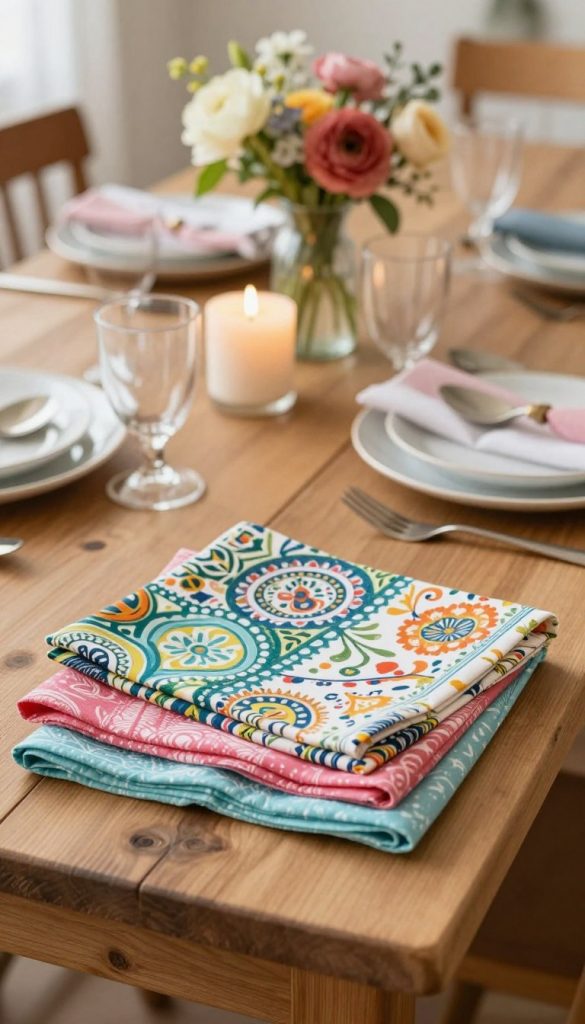 A beautifully arranged table setting featuring colorful paper servietten in various intricate patterns, styled elegantly for a DIY opulent decor. In the foreground, soft-focus on a stack of vibrant servietten, with some unfolded, showcasing their ornate designs. The middle ground includes a rustic wooden table adorned with tasteful tableware, candles, and floral centerpieces, creating a warm, inviting atmosphere. The background features softly diffused lighting that enhances the natural colors, evoking a Pinterest-worthy look. A stylish corner displays the brand "KlickKiste" subtly among the decor. The mood is inspiring and cozy, perfect for any occasion, capturing the essence of DIY creativity. A beautifully arranged table setting featuring colorful paper servietten in various intricate patterns, styled elegantly for a DIY opulent decor. In the foreground, soft-focus on a stack of vibrant servietten, with some unfolded, showcasing their ornate designs. The middle ground includes a rustic wooden table adorned with tasteful tableware, candles, and floral centerpieces, creating a warm, inviting atmosphere. The background features softly diffused lighting that enhances the natural colors, evoking a Pinterest-worthy look. A stylish corner displays the brand "KlickKiste" subtly among the decor. The mood is inspiring and cozy, perfect for any occasion, capturing the essence of DIY creativity.