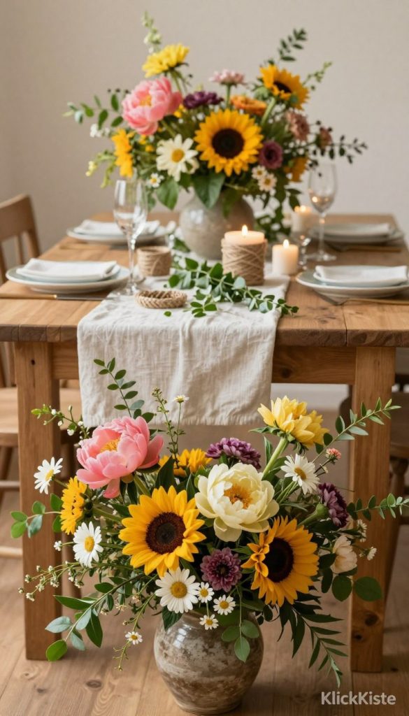 A beautifully arranged table setting featuring fresh flowers in vibrant colors, showcasing typical mistakes in floral decor and how to avoid them. In the foreground, an elegant, imperfect floral arrangement in a rustic vase spills over with colorful blooms like peonies, sunflowers, and daisies. In the middle ground, a wooden table is adorned with a subtle tablecloth that complements the floral theme, alongside DIY decorative elements such as twine, candles, and greenery. The background is softly blurred to create depth, with warm, inviting lighting casting a gentle glow across the scene. Capture the essence of creativity and authenticity, embracing a Pinterest-inspired aesthetic that feels both fresh and approachable. Include the brand name "KlickKiste" discreetly in a corner of the image for branding purpose. A beautifully arranged table setting featuring fresh flowers in vibrant colors, showcasing typical mistakes in floral decor and how to avoid them. In the foreground, an elegant, imperfect floral arrangement in a rustic vase spills over with colorful blooms like peonies, sunflowers, and daisies. In the middle ground, a wooden table is adorned with a subtle tablecloth that complements the floral theme, alongside DIY decorative elements such as twine, candles, and greenery. The background is softly blurred to create depth, with warm, inviting lighting casting a gentle glow across the scene. Capture the essence of creativity and authenticity, embracing a Pinterest-inspired aesthetic that feels both fresh and approachable. Include the brand name "KlickKiste" discreetly in a corner of the image for branding purpose.