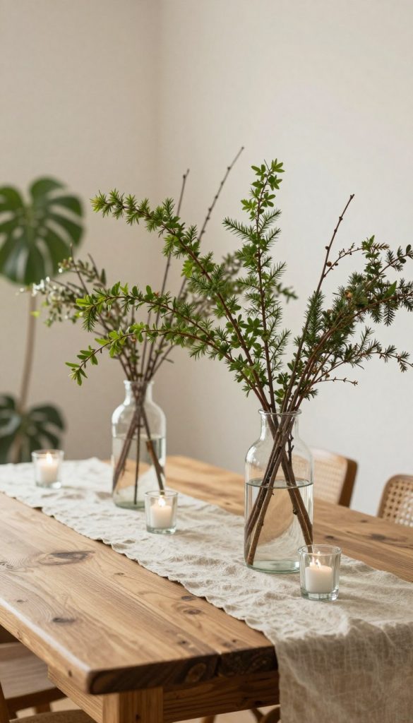 A beautifully arranged table setting featuring natural decor, emphasizing vases filled with slender branches and twigs as the centerpiece. The foreground showcases rustic wooden table elements, with a light beige linen table runner adorned with small glass votives. In the middle ground, vibrant green branches and delicate twigs create an organic, flowing arrangement within the vases, set against a backdrop of soft, diffused natural light that enhances the warm, inviting atmosphere. The background includes blurred hints of leafy plants and gentle textures to evoke a cozy living space. Aim for a Pinterest-like aesthetic, capturing the essence of DIY decoration with nature-inspired elements. The overall mood should be tranquil and creative, reflecting the brand KlickKiste.