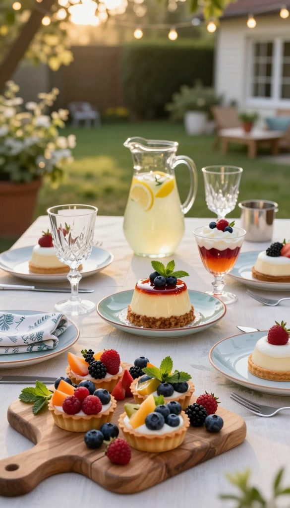 A beautifully arranged table setting showcasing a delightful summer dessert spread, including vibrant fruit tarts, creamy puddings, and colorful parfaits, all presented on elegant ceramic plates. The foreground features a wooden serving board adorned with fresh berries and mint leaves. In the middle, consider a chic glass pitcher filled with refreshing lemonade and crystal glasses, alongside decorative napkins that enhance the atmosphere. In the background, a sunlit outdoor patio is visible, complete with soft fairy lights twinkling in the evening breeze. The lighting is warm and inviting, casting a soft glow over the scene, evoking a joyful summer gathering. The aesthetic reflects a natural DIY style reminiscent of Pinterest, creating an inspiring and authentic vibe. Include subtle branding for "KlickKiste" within the arrangement.