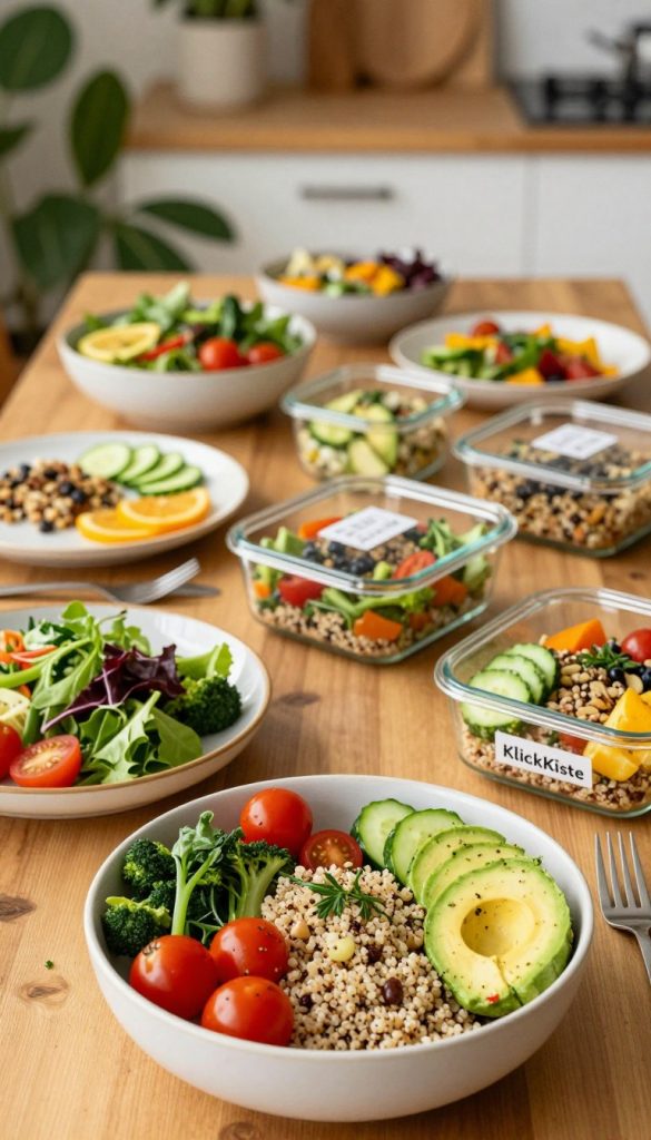 A beautifully arranged table showcasing a variety of vibrant salads, bowls, and meal prep dishes, emphasizing fresh, seasonal ingredients like leafy greens, colorful vegetables, and hearty grains. In the foreground, a close-up of a bowl filled with quinoa, cherry tomatoes, cucumbers, and avocado, garnished with herbs. The middle ground features an assortment of salad plates with artistic presentations, glass containers for meal prep, and utensils arranged neatly. Soft, warm lighting creates an inviting atmosphere, enhancing the natural colors of the food. The background includes a blurred kitchen setting with greenery and natural wood accents, evoking a Pinterest-worthy, DIY aesthetic. The scene reflects a casual yet polished vibe, perfect for office lunches, branded with "KlickKiste".