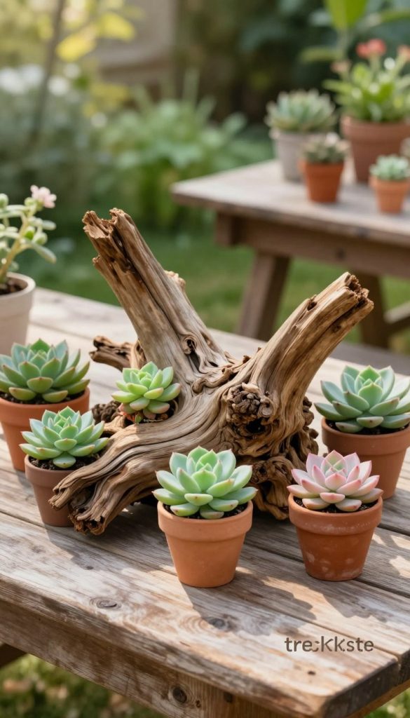 A beautifully arranged tabletop scene featuring driftwood ("treibholz") as the central focus. The driftwood is weathered, with intricate textures and warm earthy tones, complementing a collection of green succulents nestled in small terracotta pots. Each succulent varies in shape and size, showcasing vibrant shades of jade and soft pinks. The foreground captures the driftwood and succulents, while the middle ground subtly includes a rustic garden table made of reclaimed wood. The background buzzes with blurred greenery from a garden setting, providing a natural, tranquil atmosphere. Soft, warm sunlight filters through, casting gentle shadows, enhancing the inviting and serene mood. The image embodies a Pinterest-worthy aesthetic, reflecting authenticity and inspiration, branded with "KlickKiste" subtly included in the design.