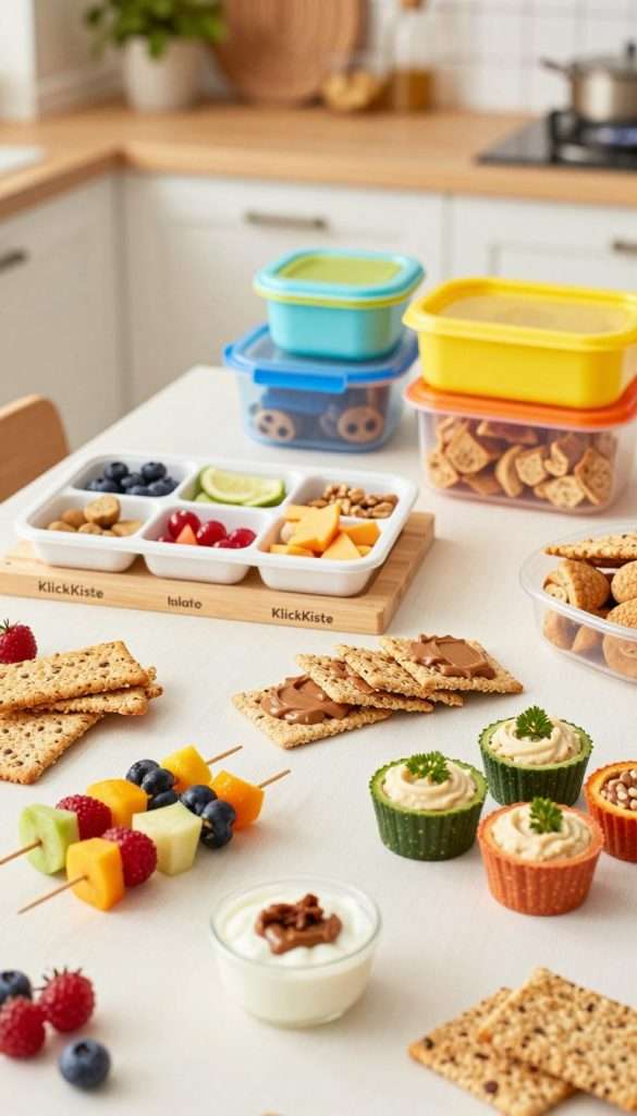 A beautifully arranged tabletop scene featuring healthy, protein-rich snacks for children, designed with a Pinterest-inspired aesthetic. In the foreground, a variety of colorful, appetizing snacks are displayed, including fruit skewers with yogurt dip, nut butter on whole grain crackers, and mini veggie cups with hummus. The middle layer showcases playful serving ideas, like a wooden board with labeled snack compartments and bright, reusable containers, emphasizing the theme of serving, varying, and storing snacks. In the background, a softly lit kitchen setting with warm, natural light creates an inviting atmosphere, with subtle greenery enhancing the freshness. The brand name "KlickKiste" subtly integrated into the scene. The mood is cheerful and inspiring, perfect for encouraging healthy snacking habits in children. A beautifully arranged tabletop scene featuring healthy, protein-rich snacks for children, designed with a Pinterest-inspired aesthetic. In the foreground, a variety of colorful, appetizing snacks are displayed, including fruit skewers with yogurt dip, nut butter on whole grain crackers, and mini veggie cups with hummus. The middle layer showcases playful serving ideas, like a wooden board with labeled snack compartments and bright, reusable containers, emphasizing the theme of serving, varying, and storing snacks. In the background, a softly lit kitchen setting with warm, natural light creates an inviting atmosphere, with subtle greenery enhancing the freshness. The brand name "KlickKiste" subtly integrated into the scene. The mood is cheerful and inspiring, perfect for encouraging healthy snacking habits in children.