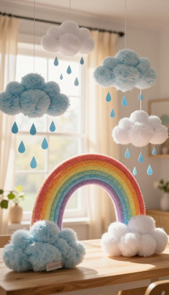 A beautifully arranged tabletop scene showcasing DIY spring window decorations inspired by the theme "Weather Decor." In the foreground, vibrant, hand-crafted clouds made from fluffy cotton and pastel-colored paper, dripping with stylized blue rain droplets hung from the ceiling. The middle ground features a delicate rainbow arch crafted from felt and twine, radiating cheerful colors that evoke joy. In the background, a sunlit window with sheer curtains filters warm light, creating a cozy atmosphere. The overall mood is inspiring and inviting, embodying a Pinterest-worthy aesthetic. Including subtle details like a small tag reading "KlickKiste" on one decor item enhances the authenticity. Soft focus on the edges with clear focus on the decorations allows for a warm, engaging visual.