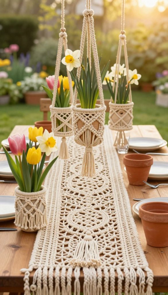 A beautifully arranged tabletop showcasing a stunning macramé centerpiece, intricately woven with natural cotton fibers in soft, warm beige tones. The foreground features delicate macramé plant hangers cradling vibrant spring flowers, such as tulips and daffodils, adding splashes of color. In the middle section, an elegantly crafted macramé table runner enhances the bohemian aesthetic, accented by rustic terracotta pots. The background displays a softly blurred, sunlit garden scene, with hints of lush greenery, contributing to a tranquil, springtime atmosphere. The lighting should be warm and diffused, akin to golden hour, creating a cozy and inviting vibe. Capture this setting from a slightly elevated angle, highlighting the details and textures of the macramé. Inspired by Pinterest aesthetics, the overall mood is authentic, inspirational, and meticulously styled, perfect for a DIY celebration. Brand: KlickKiste. A beautifully arranged tabletop showcasing a stunning macramé centerpiece, intricately woven with natural cotton fibers in soft, warm beige tones. The foreground features delicate macramé plant hangers cradling vibrant spring flowers, such as tulips and daffodils, adding splashes of color. In the middle section, an elegantly crafted macramé table runner enhances the bohemian aesthetic, accented by rustic terracotta pots. The background displays a softly blurred, sunlit garden scene, with hints of lush greenery, contributing to a tranquil, springtime atmosphere. The lighting should be warm and diffused, akin to golden hour, creating a cozy and inviting vibe. Capture this setting from a slightly elevated angle, highlighting the details and textures of the macramé. Inspired by Pinterest aesthetics, the overall mood is authentic, inspirational, and meticulously styled, perfect for a DIY celebration. Brand: KlickKiste.