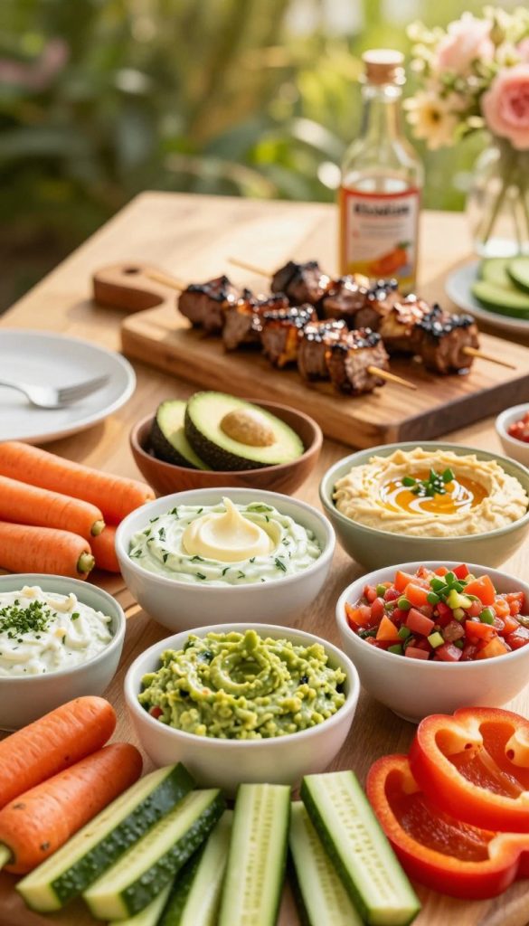 A beautifully arranged tabletop showcasing a variety of dips and sauces for grilling, featuring creamy herb butter, vibrant guacamole, rich hummus, and zesty salsa. In the foreground, artisan bowls filled with colorful dips are surrounded by fresh vegetables like carrots, cucumber sticks, and bell pepper slices, invitingly displayed for dipping. In the middle, a rustic wooden board holds grilled meats and skewers, hinting at a summer barbecue atmosphere. The background features blurred greenery and soft floral accents, creating a warm, inviting ambiance. Natural sunlight pours in, casting a soft glow over the scene, enhancing the vibrant colors and textures of the food. The overall mood is cozy, inspiring, and perfect for outdoor gatherings. This image should reflect a natural DIY aesthetic with warm colors in a Pinterest-worthy style. Brand: KlickKiste. A beautifully arranged tabletop showcasing a variety of dips and sauces for grilling, featuring creamy herb butter, vibrant guacamole, rich hummus, and zesty salsa. In the foreground, artisan bowls filled with colorful dips are surrounded by fresh vegetables like carrots, cucumber sticks, and bell pepper slices, invitingly displayed for dipping. In the middle, a rustic wooden board holds grilled meats and skewers, hinting at a summer barbecue atmosphere. The background features blurred greenery and soft floral accents, creating a warm, inviting ambiance. Natural sunlight pours in, casting a soft glow over the scene, enhancing the vibrant colors and textures of the food. The overall mood is cozy, inspiring, and perfect for outdoor gatherings. This image should reflect a natural DIY aesthetic with warm colors in a Pinterest-worthy style. Brand: KlickKiste.