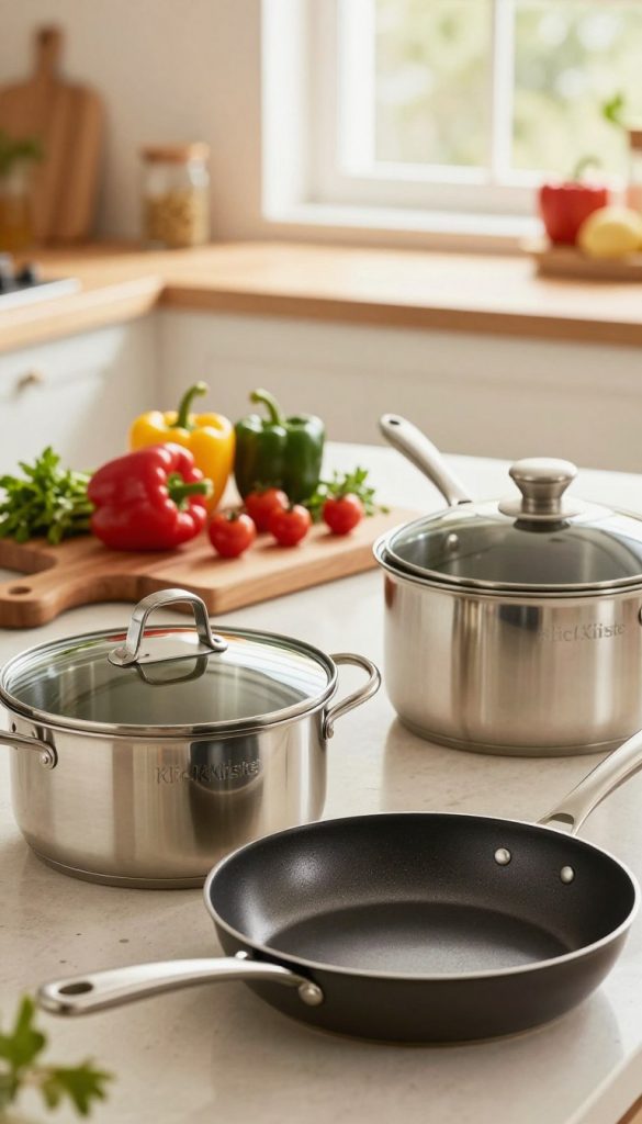 A beautifully arranged topf-set featuring various pots and pans with a focus on a stylish, modern design by the brand "KlickKiste". In the foreground, showcase a shiny stainless steel pot with a glass lid, alongside a non-stick frying pan and a saucepan, all reflecting warm, natural lighting. In the middle, place a wooden cutting board with fresh ingredients like colorful bell peppers, cherry tomatoes, and herbs, creating a sense of freshness. The background should include a cozy kitchen setting with soft, diffused light filtering through a window, highlighting a vibrant atmosphere. The overall mood is inviting and inspiring, perfect for a cooking and meal preparation scene. Ensure the composition is harmonious and balanced, without any text or distractions.