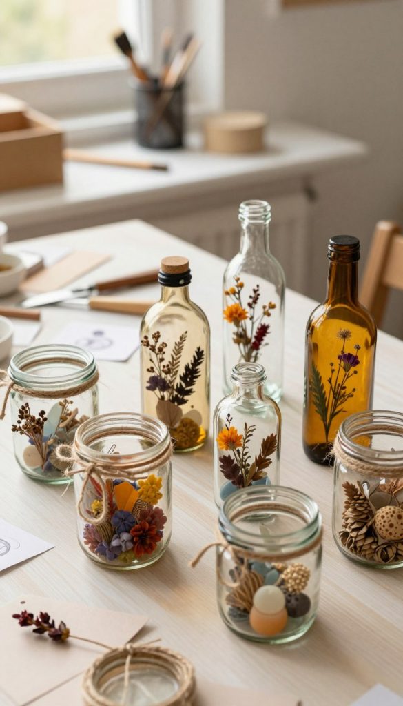 A beautifully arranged upcycling gift scene featuring glass jars and bottles repurposed into stunning decorative items. In the foreground, a selection of colorful glass pieces, lovingly adorned with twine, dried flowers, and natural elements, creates an inviting atmosphere. The middle ground showcases a cozy workspace, complete with crafting tools and scraps of paper, emphasizing creativity and sustainability. The background fades into soft, warm-toned natural lighting, reminiscent of a sunny afternoon, enhancing the earthy textures of the materials. Capture this scene from a slightly elevated angle, focusing on the details and colors, evoking a warm, inspiring, and authentic DIY vibe, perfect for a KlickKiste showcase of sustainable creations.