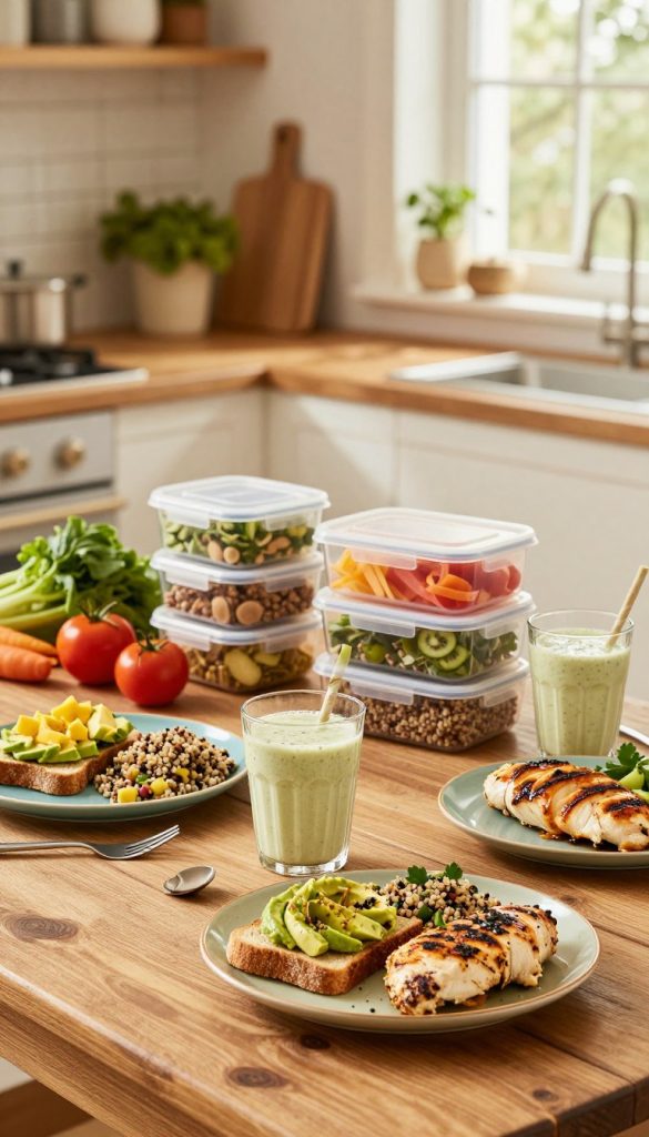 A beautifully arranged weekly meal plan featuring vibrant high-protein dishes for breakfast, lunch, and dinner. In the foreground, a rustic wooden table adorned with colorful plates showcasing healthy options like avocado toast, quinoa salad, grilled chicken, and protein-packed smoothies. In the middle, neatly organized meal prep containers filled with wholesome ingredients, surrounded by fresh vegetables and herbs, creating an inviting kitchen atmosphere. The background features a soft-focus kitchen setting with warm, natural lighting streaming through a window, highlighting the cozy, inspiring vibe. The overall mood is homely and encouraging, perfect for families. Incorporate subtle branding elements for "KlickKiste" in the decor without overpowering the meal presentation. A beautifully arranged weekly meal plan featuring vibrant high-protein dishes for breakfast, lunch, and dinner. In the foreground, a rustic wooden table adorned with colorful plates showcasing healthy options like avocado toast, quinoa salad, grilled chicken, and protein-packed smoothies. In the middle, neatly organized meal prep containers filled with wholesome ingredients, surrounded by fresh vegetables and herbs, creating an inviting kitchen atmosphere. The background features a soft-focus kitchen setting with warm, natural lighting streaming through a window, highlighting the cozy, inspiring vibe. The overall mood is homely and encouraging, perfect for families. Incorporate subtle branding elements for "KlickKiste" in the decor without overpowering the meal presentation.