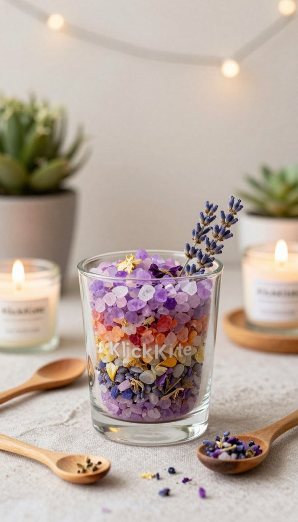 A beautifully arranged "wellness glass" set against a softly blurred background. The foreground showcases a clear glass filled with vibrant layers of colorful bath salts, dried flowers, and essential oils, elegantly topped with a sprig of lavender. Surrounding the glass are delicate wooden spoons and small candle jars, enhancing the serene atmosphere. The middle ground features a cozy, softly lit table adorned with natural textures, such as a linen cloth and a small potted plant, creating a warm and inviting scene. In the background, a gentle bokeh effect of soft, ambient lighting adds depth. The overall mood is one of tranquility and indulgence, capturing the essence of a perfect little getaway for mom. The brand name "KlickKiste" subtly mentioned within the arrangement adds a touch of authenticity and inspiration.