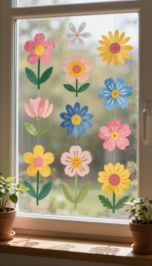A beautifully arranged window scene featuring colorful DIY spring flower paper cutouts, inspired by a PDF template. In the foreground, showcase intricately crafted flowers in various shapes and vibrant colors like pink, yellow, and blue, delicately hanging against the window glass. The middle of the image should include soft natural lighting streaming in, creating a warm and inviting atmosphere. The background should hint at a cozy indoor setting with potted plants and a wooden windowsill. Use a cozy, Pinterest-inspired aesthetic with a harmonious blend of natural colors. Ensure the flowers have a 3D effect, offering a stunning visual "wow" factor. The brand name "KlickKiste" subtly integrated into the scene, enhancing the overall inspiration and authenticity without any text overlays.