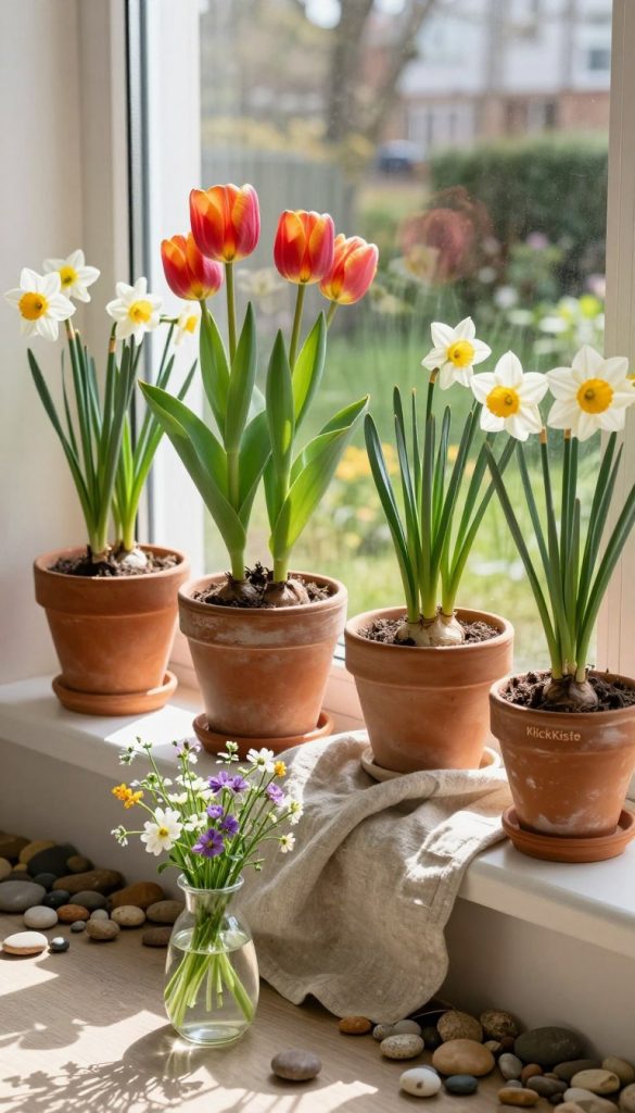 A beautifully arranged window sill (fensterbank) adorned with vibrant spring flowers like tulips and daffodils, nestled in rustic terracotta pots, surrounded by pebbles and natural materials. In the foreground, there's a small glass vase filled with fresh water showcasing delicate wildflowers. The middle ground features a soft, textured linen cloth draped elegantly, adding warmth to the scene. Sunlight streams in from the left, creating playful shadows and highlighting the rich colors of the flora. The background shows a blurred urban garden view through the window, enhancing the natural ambiance. The overall mood is fresh, inviting, and inspiring, capturing the essence of spring DIY decoration, styled in a Pinterest aesthetic, bringing the brand "KlickKiste" to life.