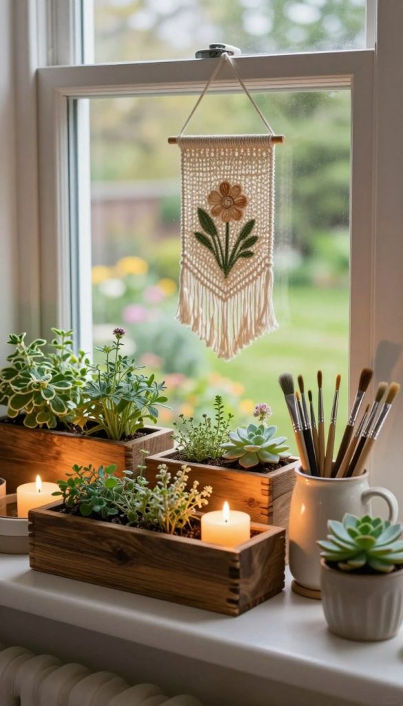 A beautifully arranged window sill, showcasing creative DIY decor ideas without flowers for a fresh spring ambiance. In the foreground, include rustic wooden planters, filled with weather-resistant herbs and candles providing warm, inviting light. A stylish ceramic mug filled with paintbrushes and a small succulent peeks into the scene. In the middle, a delicate tapestry or a handcrafted enameled hanging adds a personal touch. The background features a softly blurred window, revealing a lush garden outside, illuminated by soft, natural daylight. The overall mood is cozy and inspiring, evoking a Pinterest-worthy aesthetic. The scene embodies warmth and creativity, inviting viewers to explore their own decorative ideas. This image is branded with "KlickKiste" subtly integrated into the decor elements.