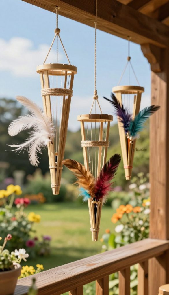 A beautifully arranged windspiel design variant featuring natural materials such as bamboo, twine, and colorful feathers, elegantly hanging from a wooden balcony railing. In the foreground, the intricate details of the windspiel are highlighted, showcasing its craftsmanship with soft, gentle wind movement causing a slight sway. The middle ground reveals a sun-drenched garden setting, with blooming flowers and greenery adding a vibrant touch. The background includes a serene blue sky with wispy clouds, lending a sense of tranquility. The overall atmosphere is warm and inviting, reminiscent of a Pinterest aesthetic, evoking inspiration and a connection with nature. The logo "KlickKiste" subtly integrated into the scene, emphasizing authenticity in DIY décor.