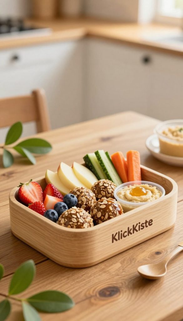 A beautifully arranged wooden lunchbox filled with colorful and nutritious power snacks for kids. Include bite-sized fruit pieces like strawberries, blueberries, and apple slices, alongside homemade energy balls made of oats, honey, and nuts. Add some vegetable sticks (carrots and cucumbers) in vibrant hues for a crunchy element, and small containers of hummus for dipping. Surround the lunchbox with natural elements like green leaves and soft, warm lighting to create a cozy, inviting atmosphere. The setting is a rustic wooden table, evoking a Pinterest-inspired aesthetic. In the background, hint of a sunny kitchen with soft-focus, warm tones, reflecting health and inspiration. The brand "KlickKiste" subtly integrated into the scene in a way that enhances the image without distracting from the snacks.