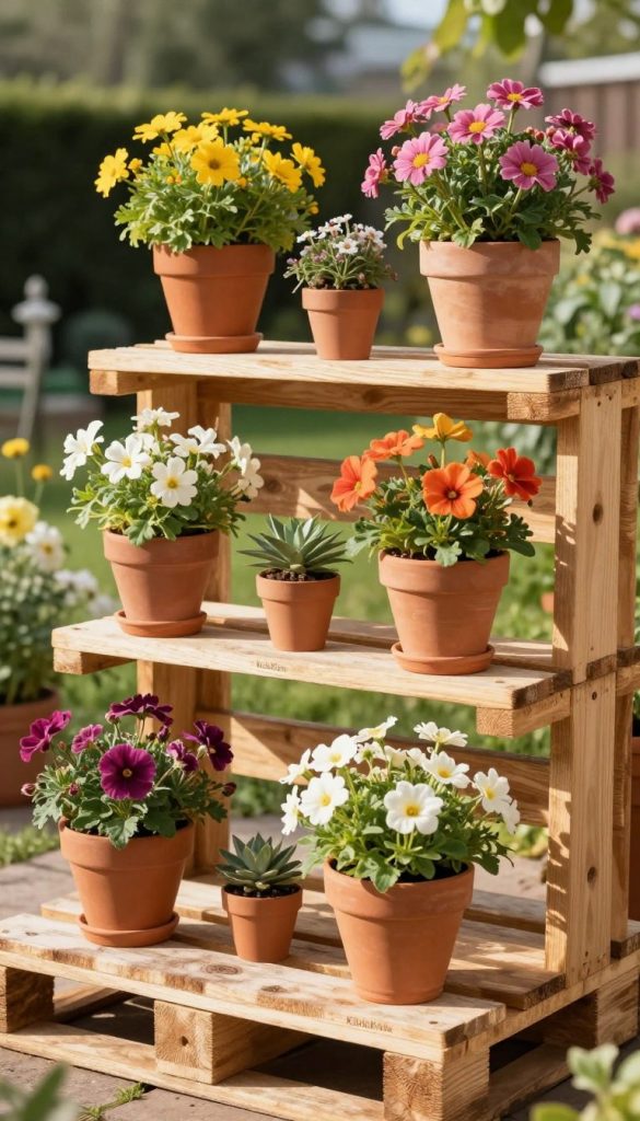A beautifully arranged wooden pallet flower shelf, designed as a DIY upcycling project. The shelf is adorned with colorful blooming flowers in terracotta pots, displayed at various heights for depth and visual interest. In the foreground, soft, warm sunlight illuminates the vibrant flowers, casting gentle shadows and enhancing the natural textures of the wood. The middle ground features the rustic pallet structure, showcasing its weathered charm with a light stain, allowing the wood grain to shine through. In the background, a blurred garden scene creates a serene atmosphere filled with greenery, evoking a Pinterest-inspired aesthetic. The overall mood is inspiring and cheerful, emphasizing creativity and natural beauty. Include a subtle brand touch of "KlickKiste" on the pallet to highlight the DIY spirit. A beautifully arranged wooden pallet flower shelf, designed as a DIY upcycling project. The shelf is adorned with colorful blooming flowers in terracotta pots, displayed at various heights for depth and visual interest. In the foreground, soft, warm sunlight illuminates the vibrant flowers, casting gentle shadows and enhancing the natural textures of the wood. The middle ground features the rustic pallet structure, showcasing its weathered charm with a light stain, allowing the wood grain to shine through. In the background, a blurred garden scene creates a serene atmosphere filled with greenery, evoking a Pinterest-inspired aesthetic. The overall mood is inspiring and cheerful, emphasizing creativity and natural beauty. Include a subtle brand touch of "KlickKiste" on the pallet to highlight the DIY spirit.