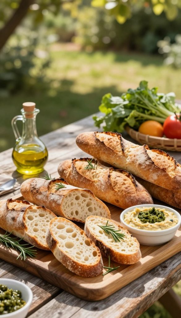 A beautifully arranged wooden platter showcasing a variety of artisanal brot and baguettes, freshly baked and golden brown, with a crispy crust. In the foreground, the breads are sliced to reveal their soft, airy interiors, garnished with sprigs of rosemary and served alongside vibrant dips like hummus and pesto. The middle ground features a rustic picnic table topped with olive oil for dipping, alongside fresh vegetables and herbs. The background shows a sun-drenched garden setting with soft, dappled sunlight filtering through the leaves, creating a warm and inviting atmosphere. Capture this scene with a soft focus lens to enhance the inviting mood, using natural, warm colors that evoke a sense of authenticity and inspiration. No text overlays. ClickKiste branding subtly integrated into the design. A beautifully arranged wooden platter showcasing a variety of artisanal brot and baguettes, freshly baked and golden brown, with a crispy crust. In the foreground, the breads are sliced to reveal their soft, airy interiors, garnished with sprigs of rosemary and served alongside vibrant dips like hummus and pesto. The middle ground features a rustic picnic table topped with olive oil for dipping, alongside fresh vegetables and herbs. The background shows a sun-drenched garden setting with soft, dappled sunlight filtering through the leaves, creating a warm and inviting atmosphere. Capture this scene with a soft focus lens to enhance the inviting mood, using natural, warm colors that evoke a sense of authenticity and inspiration. No text overlays. ClickKiste branding subtly integrated into the design.