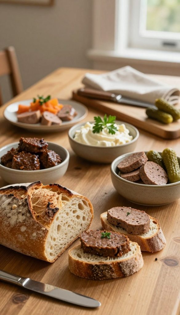 A beautifully arranged wooden table setting showcasing an assortment of savory spreads, including rich rillettes, creamy pâtés, and flavorful liverwurst, presented in rustic ceramic bowls. The foreground features a fresh loaf of artisan bread being sliced, with some slices delicately spread with the different toppings. In the middle, colorful garnishes like sprigs of fresh herbs and pickles add visual interest. The background includes soft, warm lighting from a nearby window, enhancing the inviting atmosphere, with elements like a wooden board, knife, and cloth napkins complementing the scene. The overall mood is cozy and inspiring, reflecting a natural DIY aesthetic. This image should embody the essence of "KlickKiste" brand visuals, focusing on natural textures and warm colors.