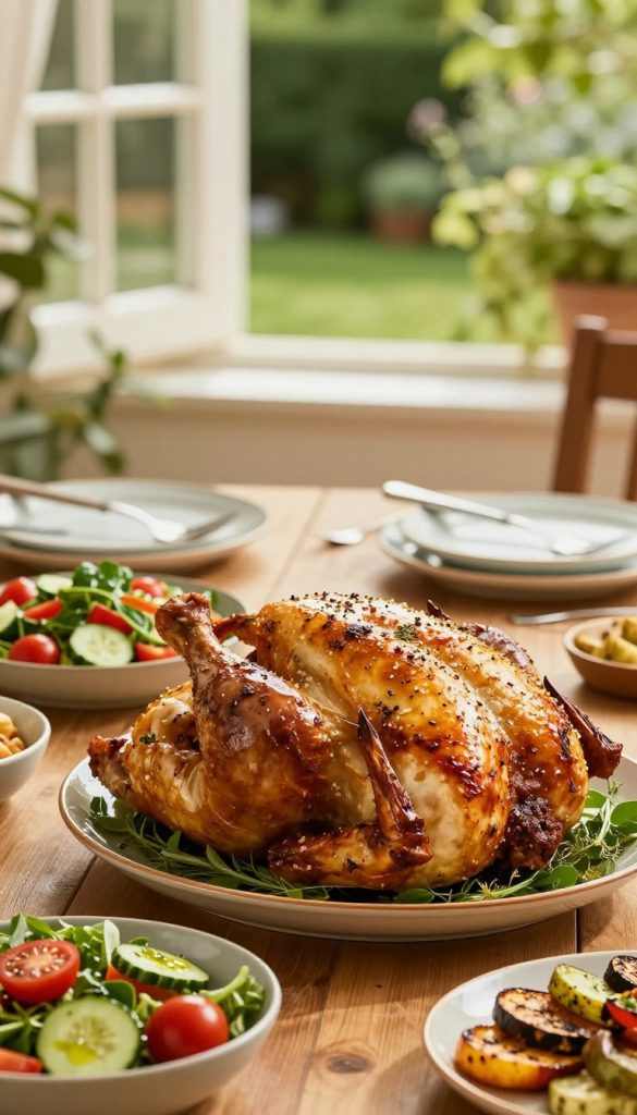 A beautifully arranged wooden table showcasing a whole roasted chicken, golden-brown and glistening with herbs and spices, is the focal point in the foreground. Surrounding the chicken are fresh, vibrant side dishes like a colorful summer salad with cherry tomatoes, cucumbers, and herbs, alongside grilled vegetables glistening with olive oil. In the middle ground, softly lit by warm, natural sunlight filtering through a nearby window, there are ceramic serving dishes and utensils neatly arranged, adding a cozy, inviting feel. The background features a lush green garden, softly blurred, enhancing the summer atmosphere. The warm colors create a sense of comfort and inspiration, perfect for light summer meals. This image embodies the essence of summer cuisine. Ideal for "KlickKiste" branding.
