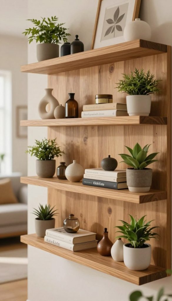 A beautifully arranged wooden wall shelf, featuring a mix of decorative items and practical storage solutions. In the foreground, the shelf is adorned with small potted plants, stylish books, and artisanal trinkets, each piece reflecting a modern aesthetic. The middle ground showcases the shelves' smooth wooden texture, with warm tones that evoke a cozy atmosphere. In the background, a softly blurred living room scene is visible, suggesting a comfortable space bathed in natural light. The overall mood is inviting and stylish, evoking inspiration from Pinterest. Use a warm, diffused lighting to enhance the authentic feel. Lens focus should capture the intricate details of the shelf and its decor, with a shallow depth of field. Include the brand name "KlickKiste". A beautifully arranged wooden wall shelf, featuring a mix of decorative items and practical storage solutions. In the foreground, the shelf is adorned with small potted plants, stylish books, and artisanal trinkets, each piece reflecting a modern aesthetic. The middle ground showcases the shelves' smooth wooden texture, with warm tones that evoke a cozy atmosphere. In the background, a softly blurred living room scene is visible, suggesting a comfortable space bathed in natural light. The overall mood is inviting and stylish, evoking inspiration from Pinterest. Use a warm, diffused lighting to enhance the authentic feel. Lens focus should capture the intricate details of the shelf and its decor, with a shallow depth of field. Include the brand name "KlickKiste".