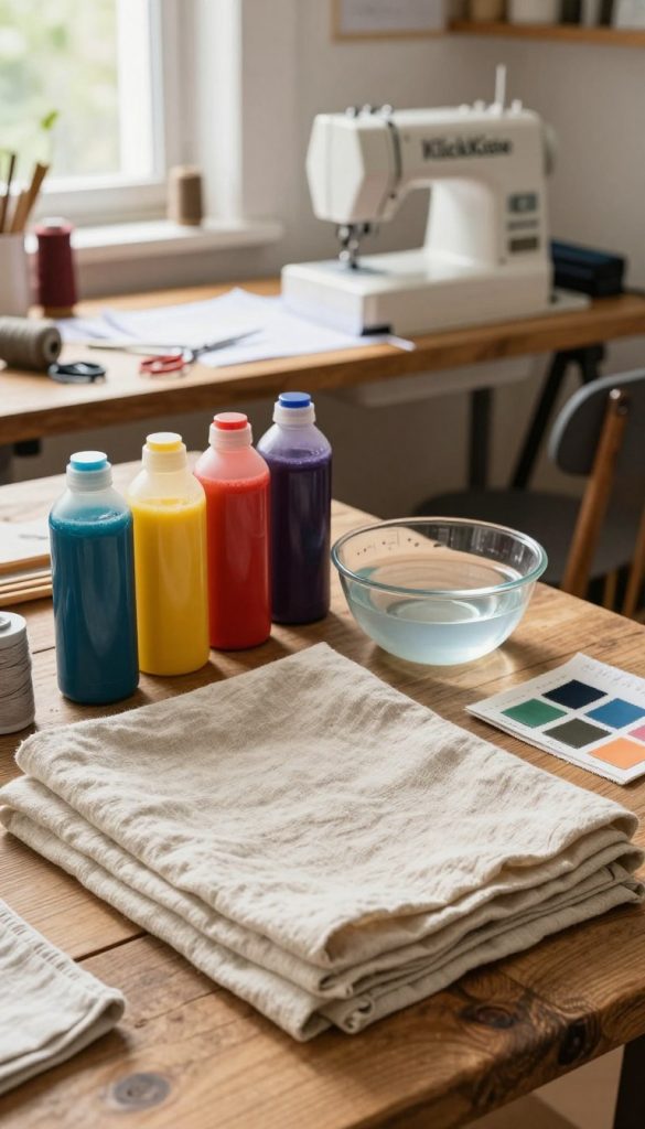 A beautifully arranged workspace showcases the preparation of fabric for dyeing. In the foreground, neatly folded pieces of natural linen fabric in soft beige tones are placed on a rustic wooden table. High-quality dye bottles in vibrant hues are artfully lined up beside a clear bowl of water, a measuring cup, and fabric testing swatches. The middle ground features an inviting workspace with a sewing machine and tools, including scissors and pins for planning the design. In the background, soft, natural light filters through a window, casting gentle shadows and highlighting the warm textures of the scene. The atmosphere is cozy and inspiring, emphasizing a DIY spirit with a Pinterest aesthetic. The brand name "KlickKiste" subtly references the workspace, enhancing the overall charm of the image.