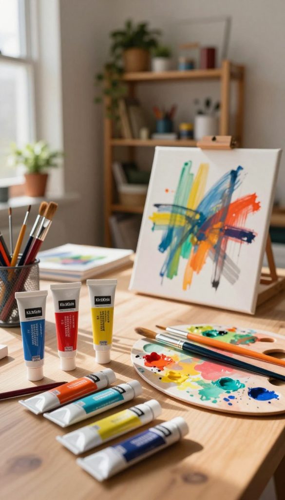 A beautifully arranged workspace showcasing "KlickKiste" acrylic paints in an inspiring DIY setting. In the foreground, vibrant tubes of acrylic paint are placed alongside brushes and a palette covered in colorful, splattered paint. The middle ground features an unfinished abstract canvas with dynamic brush strokes and vivid colors, highlighting the creative process. Soft, natural light streams in from a nearby window, casting gentle shadows and illuminating the warm tones of the paints. The background includes a well-organized shelf filled with art supplies, plants, and decor that enhances the overall aesthetic. The mood is inviting and creative, encouraging DIY enthusiasts to explore their artistic side in a cozy, home-like atmosphere. A beautifully arranged workspace showcasing "KlickKiste" acrylic paints in an inspiring DIY setting. In the foreground, vibrant tubes of acrylic paint are placed alongside brushes and a palette covered in colorful, splattered paint. The middle ground features an unfinished abstract canvas with dynamic brush strokes and vivid colors, highlighting the creative process. Soft, natural light streams in from a nearby window, casting gentle shadows and illuminating the warm tones of the paints. The background includes a well-organized shelf filled with art supplies, plants, and decor that enhances the overall aesthetic. The mood is inviting and creative, encouraging DIY enthusiasts to explore their artistic side in a cozy, home-like atmosphere.