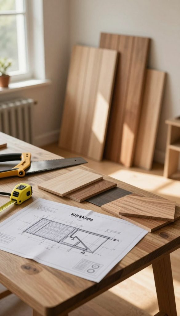 A beautifully arranged workspace showcasing a DIY wood paneling project under warm, natural light. In the foreground, a well-organized table filled with essential tools like a saw, measuring tape, and wood samples, along with a detailed blueprint featuring a "KlickKiste" design. In the middle, partially constructed wooden panels are leaning against a wall, illustrating the progress of the project. The background features a cozy room with a window letting in soft sunlight, casting gentle shadows across the floor. The atmosphere is inviting and inspiring, with earthy tones and textured wood grain enhancing the scene, evoking a sense of authenticity and creativity. Focus on capturing a well-composed angle that highlights both the tools and the project, creating a motivational vibe for DIY enthusiasts.