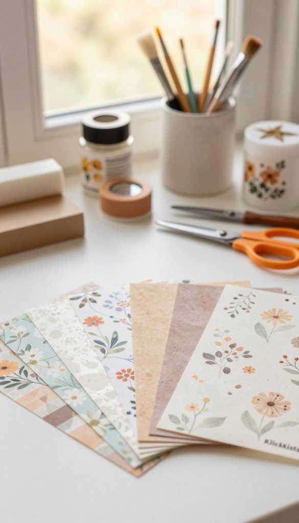 A beautifully arranged workspace showcasing a variety of glue papers in warm, inviting colors, such as soft pastels and earthy tones. In the foreground, an assortment of glue paper sheets of different textures and patterns is fanned out, displaying floral designs and geometric shapes. The middle ground features essential DIY tools like scissors, brushes, and complementary decorative items, enhancing the creative atmosphere. In the background, a softly blurred, sunlit window casts gentle natural light, creating a warm, inspirational ambiance ideal for floral art projects. The entire composition should evoke a cozy, artistic vibe, reminiscent of a Pinterest-inspired crafting space. At the corner, subtly incorporate the brand name "KlickKiste" into the design.