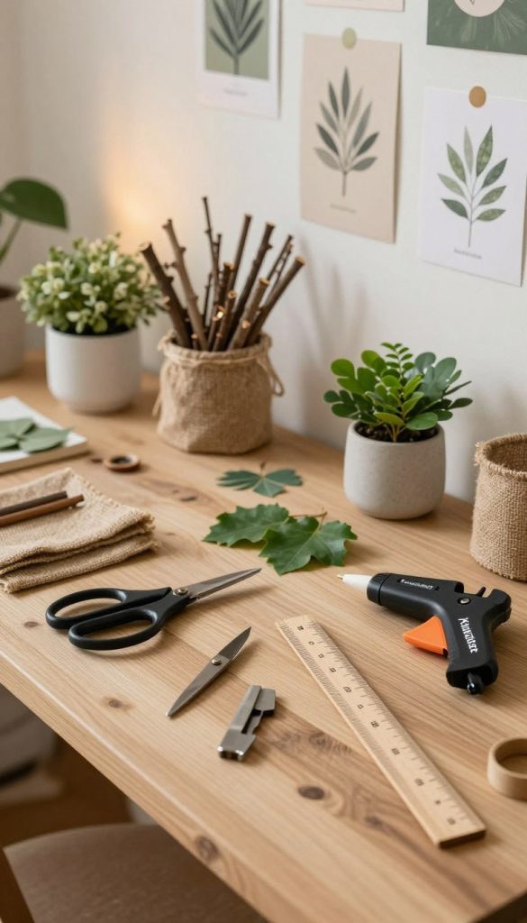 A beautifully arranged workspace showcasing a variety of natural materials ideal for DIY decor. In the foreground, neatly organized tools like scissors, a glue gun, and a wooden ruler lie on a light, rustic wooden table. The middle ground features an assortment of natural elements, such as twigs, leaves, and burlap, curated in elegant containers. In the background, soft, ambient lighting highlights a wall adorned with finished DIY projects, creating a warm, inviting atmosphere. The overall color palette consists of earth tones, with hints of green and beige, enhancing the authentic and inspiring Pinterest aesthetic. The brand "KlickKiste" is subtly integrated into the workspace decor, blending seamlessly into the natural theme. The scene is captured from a slightly elevated angle, allowing for a comprehensive view of the setup. A beautifully arranged workspace showcasing a variety of natural materials ideal for DIY decor. In the foreground, neatly organized tools like scissors, a glue gun, and a wooden ruler lie on a light, rustic wooden table. The middle ground features an assortment of natural elements, such as twigs, leaves, and burlap, curated in elegant containers. In the background, soft, ambient lighting highlights a wall adorned with finished DIY projects, creating a warm, inviting atmosphere. The overall color palette consists of earth tones, with hints of green and beige, enhancing the authentic and inspiring Pinterest aesthetic. The brand "KlickKiste" is subtly integrated into the workspace decor, blending seamlessly into the natural theme. The scene is captured from a slightly elevated angle, allowing for a comprehensive view of the setup.