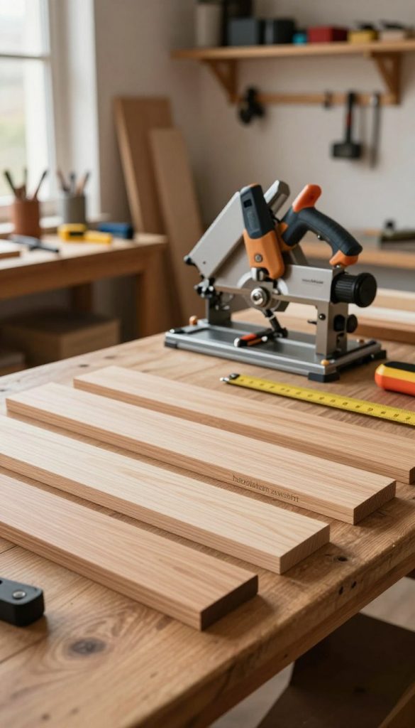 A beautifully arranged workspace showcasing "holzlatten zuschnitt" for DIY wooden wall panels. In the foreground, neatly cut wooden slats are laid out on a rustic wooden workbench, displaying their smooth, polished surfaces and natural grain patterns. The middle ground features a stylish miter saw and measuring tools, emphasizing precision in the cutting process. The background includes a cozy, warmly lit workshop with wooden shelves filled with various tools and materials, evoking an inviting DIY atmosphere. Soft natural light filters in through a window, creating gentle shadows that enhance the textures of the wood. The overall mood is authentic and inspirational, reflecting a Pinterest-worthy aesthetic. Include a small logo of "KlickKiste" subtly placed on the workbench.