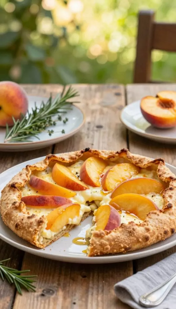 A beautifully baked flammkuchen topped with juicy peaches, set on a rustic wooden table. In the foreground, the flammkuchen is sliced into generous pieces, displaying its golden-brown crust, creamy cheese, and vibrant peach slices, drizzled lightly with honey. The middle ground features a set of elegant dinnerware, with fresh herbs like rosemary and thyme, enhancing the dish's rustic appeal. In the background, softly blurred summer greenery filters sunlight, creating a warm, inviting atmosphere. Gentle, natural lighting illuminates the scene, emphasizing the rich textures and colors of the dish. Styled in a natural DIY aesthetic with warm colors reminiscent of Pinterest. This cozy summer meal image embodies the essence of simple, healthy family cooking. Brand: KlickKiste.