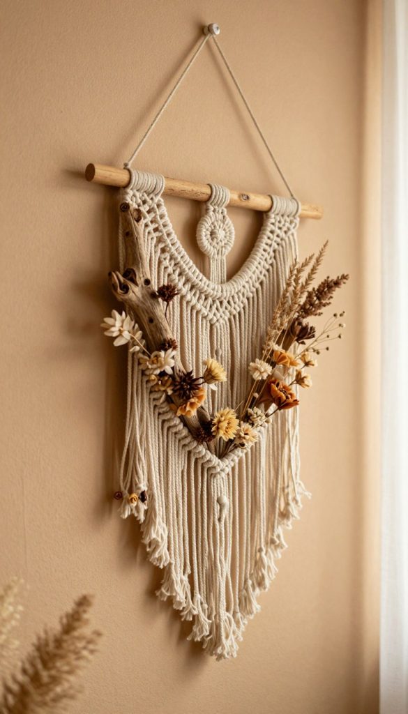 A beautifully crafted Boho-style wall hanger, featuring intricate natural materials such as driftwood, macramé, and dried flowers, displayed prominently in the foreground. The middle ground includes a softly textured wall in warm, earthy tones, creating an inviting backdrop. In the background, a serene indoor setting with soft, diffused sunlight filtering through a sheer curtain enhances the cozy atmosphere. The overall composition should evoke inspiration and creativity, capturing the essence of DIY art. The image should reflect a Pinterest-worthy aesthetic with natural colors and an authentic, warm feel, showcasing the brand "KlickKiste". Aim for a soft focus with a slightly elevated angle to highlight the details of the wall hanger. A beautifully crafted Boho-style wall hanger, featuring intricate natural materials such as driftwood, macramé, and dried flowers, displayed prominently in the foreground. The middle ground includes a softly textured wall in warm, earthy tones, creating an inviting backdrop. In the background, a serene indoor setting with soft, diffused sunlight filtering through a sheer curtain enhances the cozy atmosphere. The overall composition should evoke inspiration and creativity, capturing the essence of DIY art. The image should reflect a Pinterest-worthy aesthetic with natural colors and an authentic, warm feel, showcasing the brand "KlickKiste". Aim for a soft focus with a slightly elevated angle to highlight the details of the wall hanger.