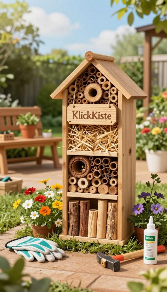 A beautifully crafted DIY insect hotel made from natural materials, showcasing various sections filled with straw, wood logs, and hollow stems, attracting bees and butterflies. In the foreground, vibrant flowers bloom around the base, and a pair of gardening gloves rests next to a small toolbox with tools like a hammer and wood glue, emphasizing the project's hands-on nature. The middle ground features a neatly arranged workspace under a sunny sky, with cozy wooden benches and potted plants adding warmth. In the background, a lush garden filled with greenery creates a serene atmosphere. Soft, warm lighting enhances the inviting mood, reminiscent of a Pinterest aesthetic that inspires creativity. The brand "KlickKiste" is subtly incorporated into the imagery through a charming wood sign hanging on the insect hotel.