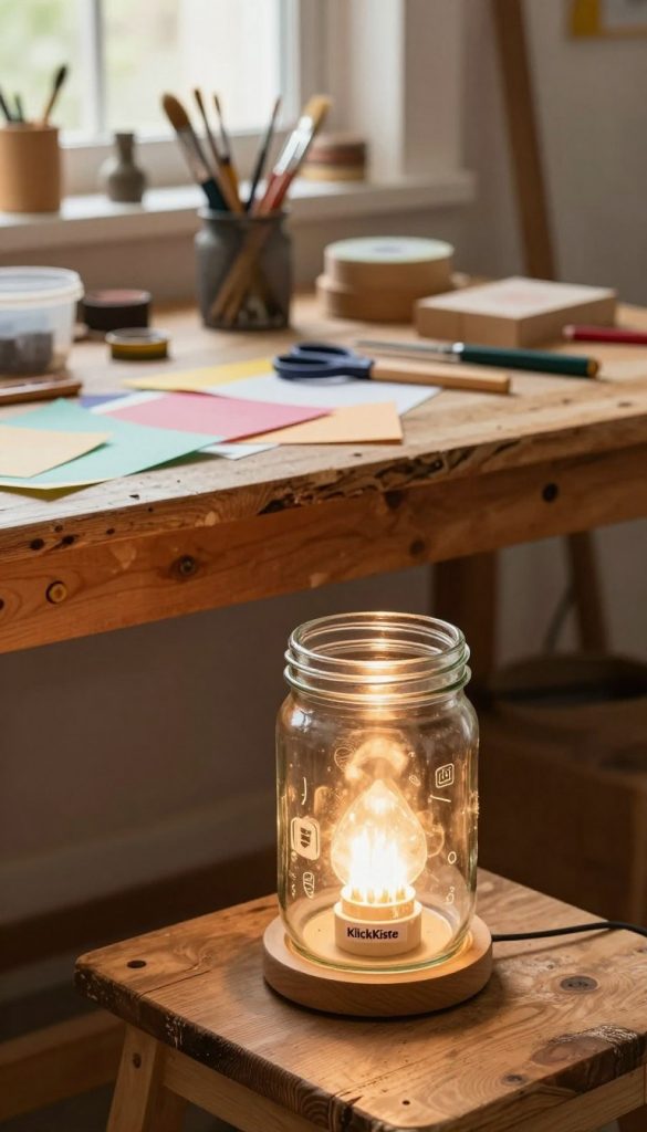 A beautifully crafted DIY lamp made from upcycled materials, displayed prominently in the foreground. The lamp features a vintage glass jar as its base, with warm, ambient light glowing softly through it. In the middle ground, a rustic wooden workbench is adorned with various tools and crafting supplies, including paintbrushes, scissors, and snippets of colored paper, set against a backdrop of a sunlight-drenched workshop. Warm, inviting colors fill the scene, enhancing the atmosphere of creativity and sustainability. The lighting is soft and natural, reminiscent of a Pinterest aesthetic, conveying authenticity and inspiration. The brand name "KlickKiste" is subtly incorporated into the design elements of the workspace, blending seamlessly without overpowering the overall image.