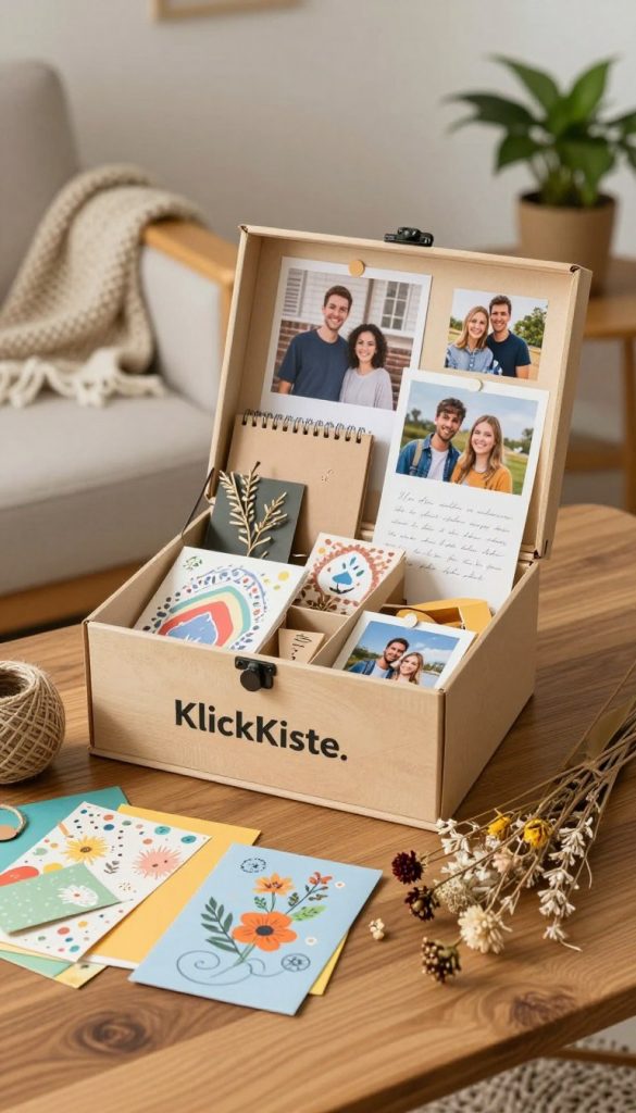 A beautifully crafted DIY memory box, labeled “KlickKiste,” sits on a wooden table, surrounded by colorful materials for creating personalized family keepsakes. In the foreground, a selection of natural, eco-friendly craft supplies like twine, decorative papers, and dried flowers are artfully arranged. The middle layer features the open memory box, filled with cherished items such as photographs, handwritten notes, and small mementos, all reflecting family moments. In the background, there’s a softly lit cozy room with warm colors, inviting textures like a woven blanket and a potted plant, enhancing an inspiring atmosphere. The lighting is soft and natural, evoking a sense of warmth and nostalgia, while the composition offers a Pinterest-inspired, authentic aesthetic, perfect for a creative project.