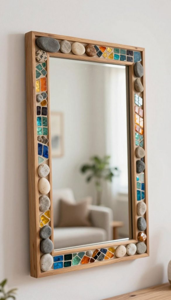 A beautifully crafted DIY mirror frame made from natural wood, smooth stones, and vibrant mosaic tiles, showcasing an artistic fusion of textures. The foreground features the mirror frame prominently, reflecting soft, warm natural light, highlighting the intricate details of the materials. In the middle ground, there's a minimalist living space with white walls and a subtle green plant, enhancing the frame's appeal. The background includes a softly blurred cozy room, evoking a serene and inviting atmosphere. The overall mood is inspiring and authentic, capturing a Pinterest-worthy aesthetic. The image is designed for a brand called "KlickKiste", emphasizing style and simplicity in modern wall décor. Use soft focus and warm lighting to create a charming, inviting ambiance. A beautifully crafted DIY mirror frame made from natural wood, smooth stones, and vibrant mosaic tiles, showcasing an artistic fusion of textures. The foreground features the mirror frame prominently, reflecting soft, warm natural light, highlighting the intricate details of the materials. In the middle ground, there's a minimalist living space with white walls and a subtle green plant, enhancing the frame's appeal. The background includes a softly blurred cozy room, evoking a serene and inviting atmosphere. The overall mood is inspiring and authentic, capturing a Pinterest-worthy aesthetic. The image is designed for a brand called "KlickKiste", emphasizing style and simplicity in modern wall décor. Use soft focus and warm lighting to create a charming, inviting ambiance.