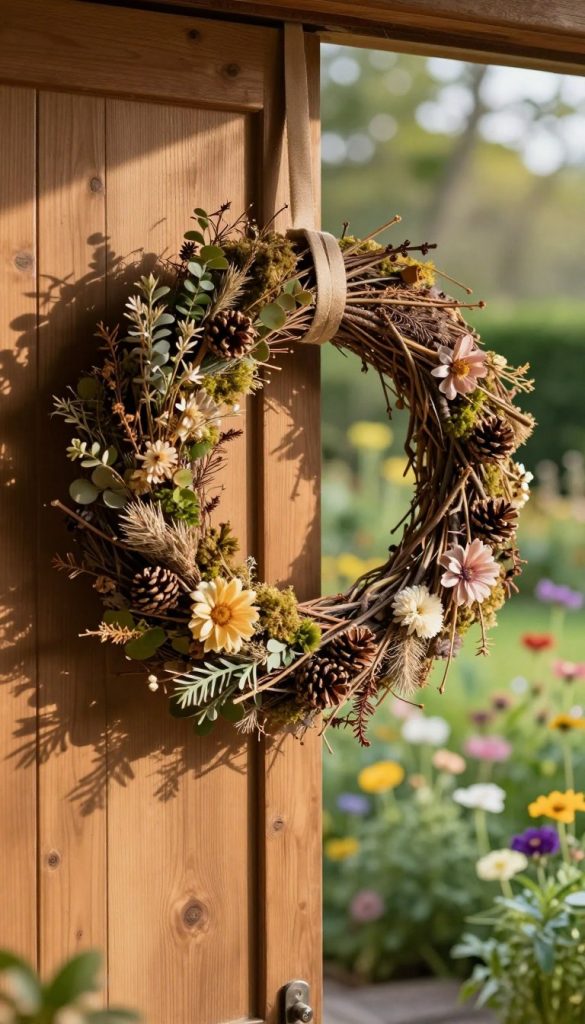 A beautifully crafted DIY natural wreath made from an array of natural materials, including dried flowers, twigs, and moss. In the foreground, the wreath hangs elegantly on a rustic wooden door, adorned with delicate touches of natural greenery and tiny pinecones. The middle of the scene showcases a soft-focus background of a serene garden filled with blooming wildflowers, where warm sunlight filters through the leaves, casting gentle shadows. The overall mood is cozy and inviting, reflecting an authentic Pinterest aesthetic. The colors are warm and earthy, enhancing the natural look. The scene conveys inspiration for home decor enthusiasts. This image represents the style of KlickKiste, emphasizing creativity and a connection to nature.