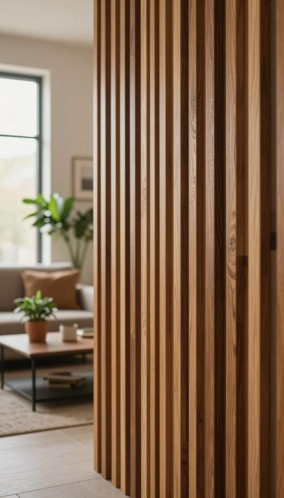A beautifully crafted DIY wooden slat wall (lamellenwand) showcasing a modern design with rich, warm wood tones. In the foreground, focus on the textured wooden slats, arranged vertically, creating depth and dimension. The middle section should display a cozy living room adorned with potted plants and tasteful décor accents that complement the wooden wall, evoking a tranquil atmosphere. In the background, soft, diffused lighting filters through a large window, casting gentle shadows that enhance the depth of the wood grain. Capture the image at a slight angle to add perspective, emphasizing the inviting ambiance of a stylish, contemporary home. The overall mood should be inspirational and authentic, reflecting the brand "KlickKiste" and embodying a Pinterest-worthy aesthetic for DIY enthusiasts.