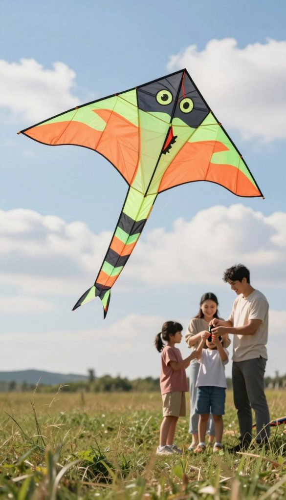 A beautifully crafted Eddy Flugdrachen (stunt kite) displayed in a grassy field, showcasing its vibrant colors and unique design details. The foreground features the kite in an upright position, capturing its elegant shape and tail fluttering in the gentle breeze. In the middle ground, a family is actively engaged in the DIY process, with parents and children wearing casual, modest clothing, smiling and working together to assemble the kite. The background reveals a clear blue sky with fluffy white clouds, creating a bright and uplifting atmosphere. Soft, warm lighting enhances the inviting scene, evoking a sense of creativity and family bonding. The entire composition reflects a Pinterest-inspired aesthetic, perfect for an inspiring DIY project by KlickKiste.