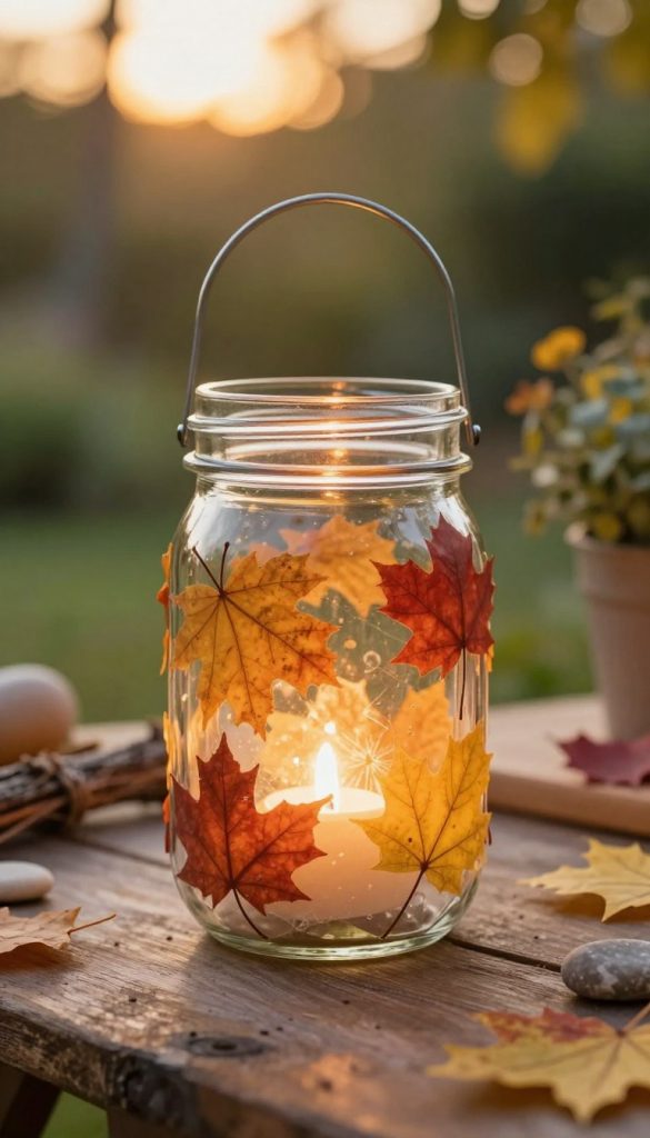 A beautifully crafted Einmachglas-Laterne made from a mason jar, adorned with vibrant autumn leaves and elegant transparent paper. The lantern glows softly from within, casting warm, inviting light in a serene garden setting. In the foreground, the jar is elegantly placed on a rustic wooden surface, highlighting the intricate details of the leaves. In the middle, the glowing lantern acts as the focal point, surrounded by nature-inspired decorations like twigs and small stones, enhancing the DIY charm. The background features a blurred garden landscape bathed in the golden hour light, creating a tranquil and inspiring atmosphere. The overall composition embraces warm colors, evoking a cozy, inviting mood, perfect for a nature-inspired DIY project by KlickKiste.