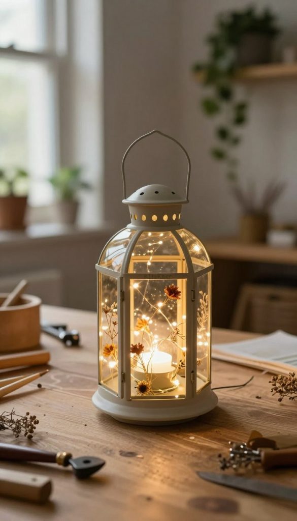 A beautifully crafted Sonnenglas lantern stands prominently in the foreground, showcasing its intricate glass design with a warm, inviting glow emanating from within. The lantern is adorned with natural elements like dried flowers and twinkling fairy lights, emphasizing its DIY charm. In the middle, a soft, textured wooden surface adds to the rustic feel, surrounded by tools and materials for an upcycling project, hinting at creativity and sustainability. The background features a cozy, softly lit room with greenery climbing the walls and gentle sunlight streaming through a window, casting a warm ambiance. The overall mood is inspirational and serene, reflecting a commitment to sustainable living and authenticity. The brand name "KlickKiste" subtly integrated into the scene enhances the connection to DIY and eco-friendly practices.