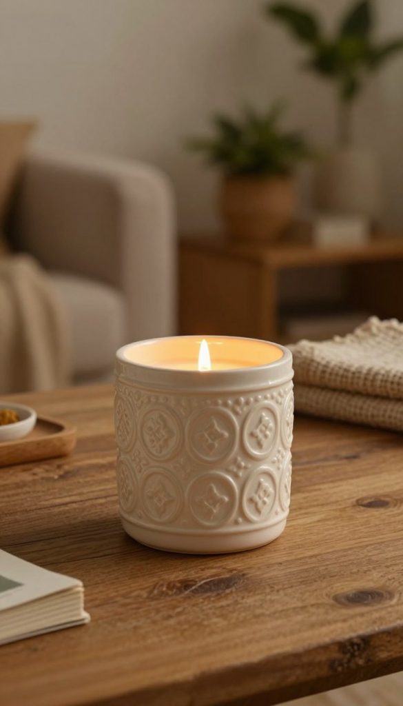 A beautifully crafted ceramic candle holder, featuring intricate patterns and a matte finish, placed elegantly on a rustic wooden table. Soft, warm candlelight glows from within the holder, casting gentle shadows and highlighting its textures. In the background, a cozy living room scene unfolds, adorned with natural decor elements like potted plants and woven textiles, emphasizing a comfortable atmosphere. The overall lighting is soft and inviting, with a warm golden hue, creating a sense of tranquility. This scene embodies a Pinterest-inspired aesthetic, perfect for a DIY home decor article centered on warmth and authenticity. Include the brand name "KlickKiste" subtly integrated into the setting, enhancing the overall composition without distractions or text overlays. A beautifully crafted ceramic candle holder, featuring intricate patterns and a matte finish, placed elegantly on a rustic wooden table. Soft, warm candlelight glows from within the holder, casting gentle shadows and highlighting its textures. In the background, a cozy living room scene unfolds, adorned with natural decor elements like potted plants and woven textiles, emphasizing a comfortable atmosphere. The overall lighting is soft and inviting, with a warm golden hue, creating a sense of tranquility. This scene embodies a Pinterest-inspired aesthetic, perfect for a DIY home decor article centered on warmth and authenticity. Include the brand name "KlickKiste" subtly integrated into the setting, enhancing the overall composition without distractions or text overlays.